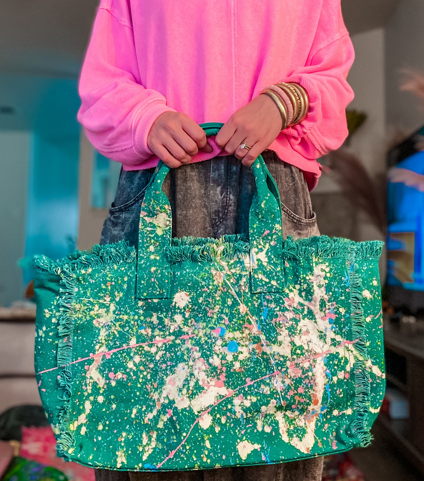 Turning Heads Splatter Painted Large Canvas Tote