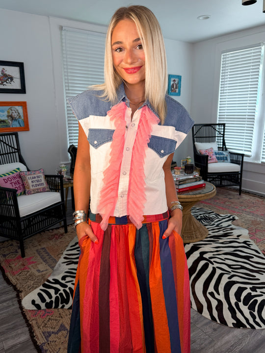 Raffia and Ruffles Sleeveless Denim Shirt