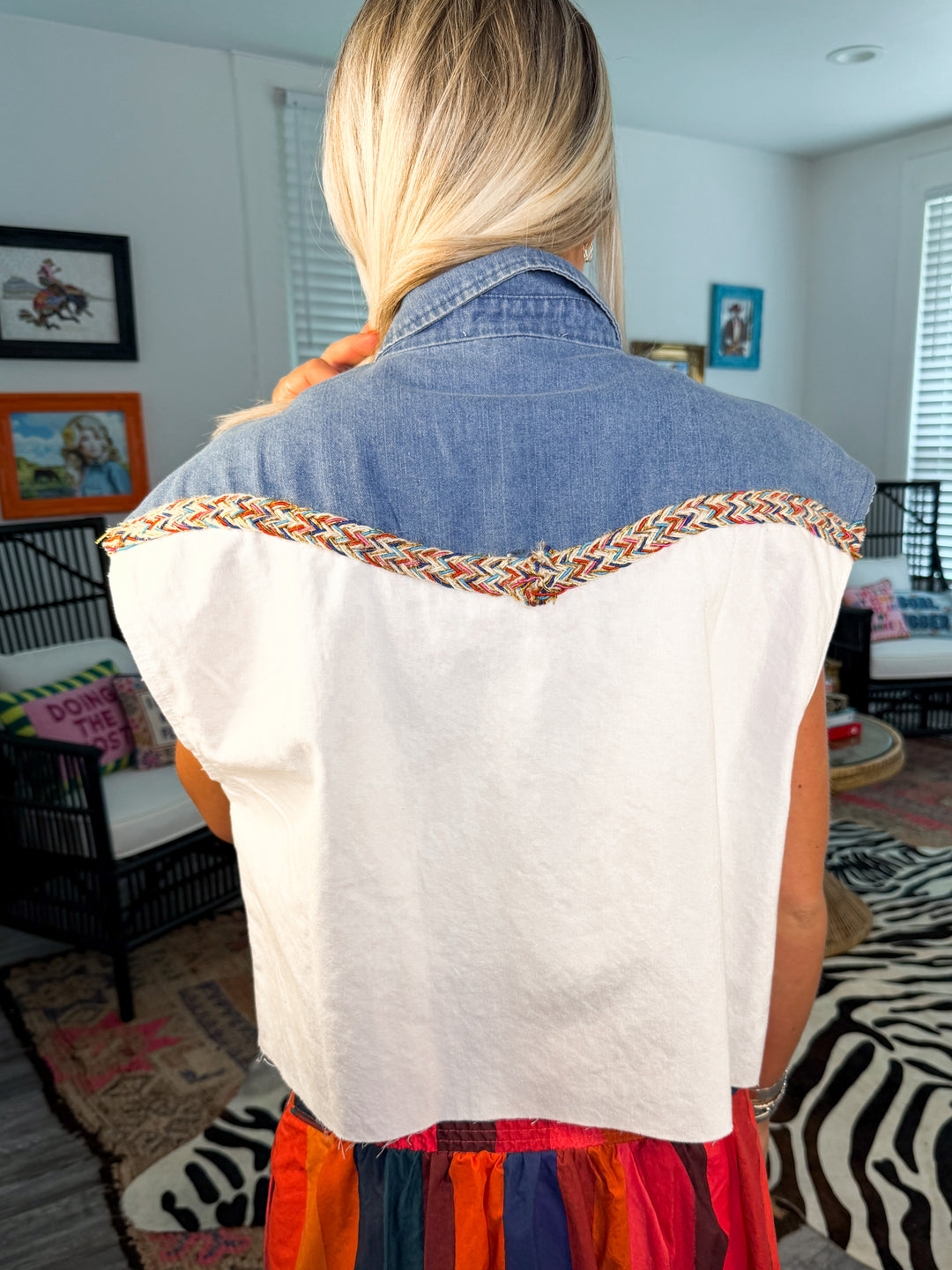 Raffia and Ruffles Sleeveless Denim Shirt